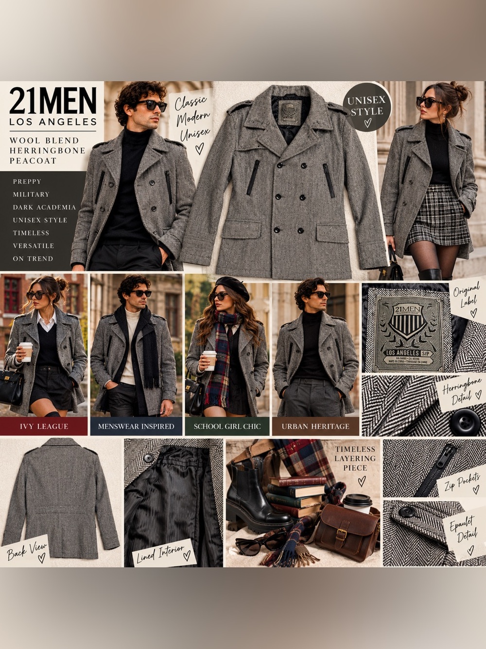 21MEN NWOT Herringbone Wool Blend Peacoat S Unisex Old Money Military Preppy